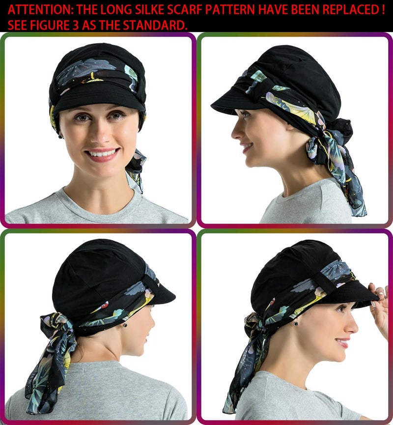 JarseHera Chemo Hats for Women Bamboo Cotton Lined Newsboy Caps with Scarf Double Loop Headwear for Cancer Hair Loss Black - Image 5